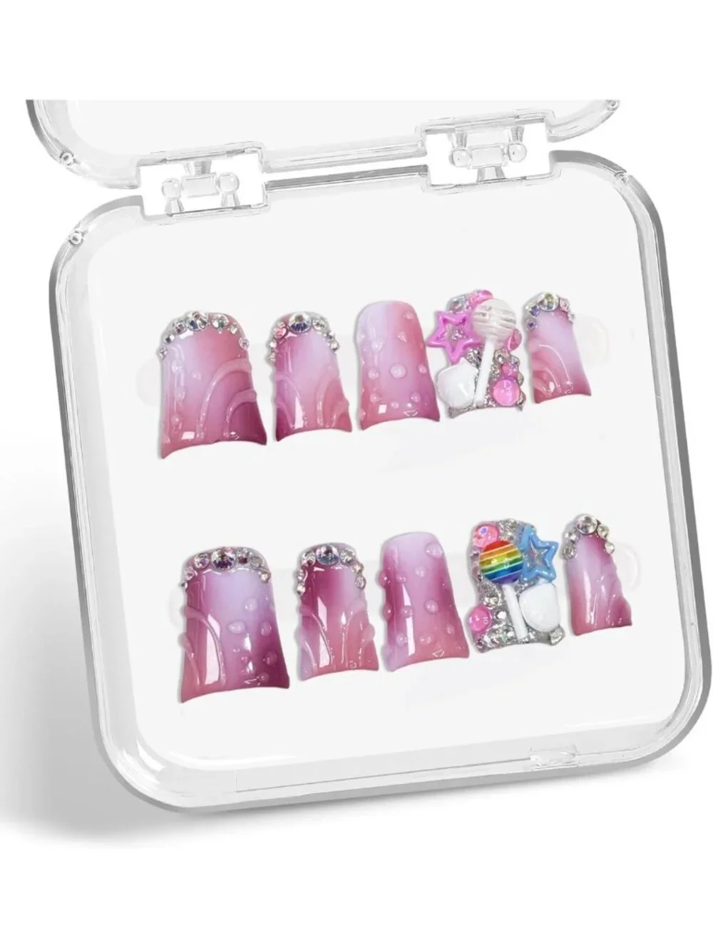 Handmade Short Press-On Nails with 3D Lollipop & Star Designs, Pink White